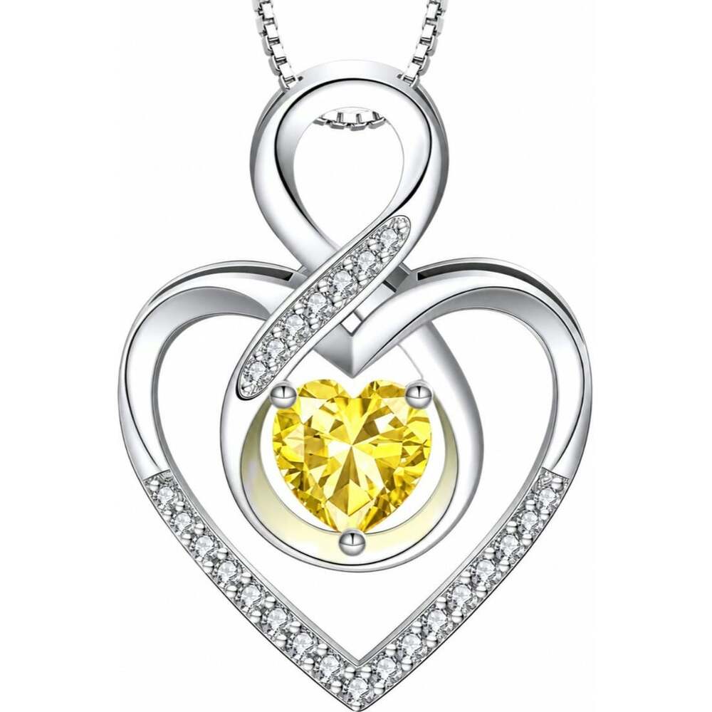 925 Sterling Silver Infinity Heart Necklace Yellow Green CZ Pendant for Women